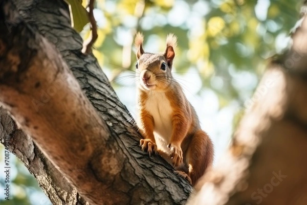 Fototapeta Small red squirrel on a tree branch