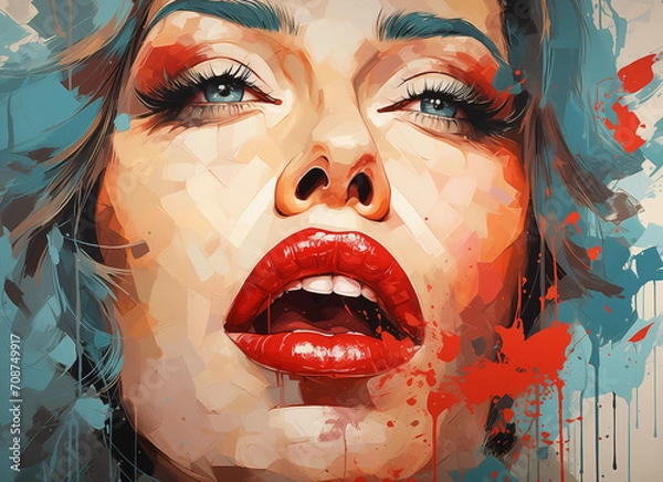Obraz Art Portrait of beautiful female lips with red lipstick and colorful paint splashes. Lips with red lipstick, close-up. Abstract art background. Modern art. Contemporary art. 