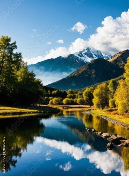 Fototapeta a serene mountain lake reflecting the surrounding peaks and clouds