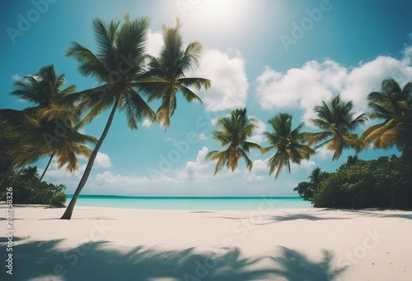 Fototapeta Beautiful beach with white sand turquoise ocean green palm trees and blue sky with clouds on Sunny d