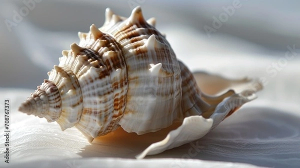 Obraz  a close - up of a sea shell on a white sheet with a soft back drop of light from the top of the shell to the bottom of the shell.