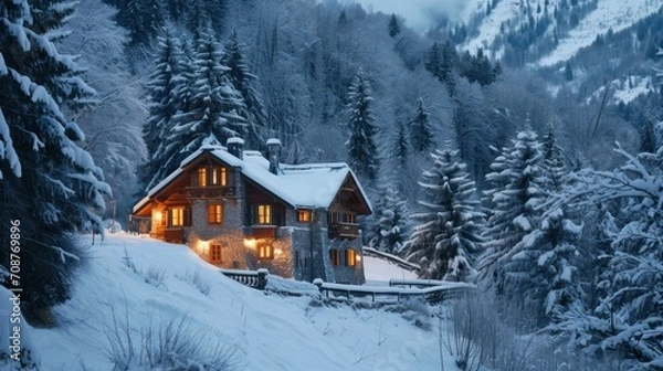 Fototapeta  a house in the middle of a snowy mountain with a lot of trees on the other side of the house and a lot of lights on the front of the house.