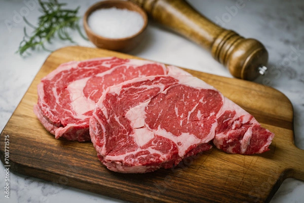 Obraz raw ribeye steak beef on white marble background