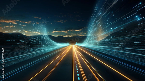 Fototapeta modern data road, light speed travel, rays of light, fast travel of data, high tech