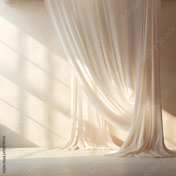 Fototapeta photorealistic creamy white linen curtains with prismatic light leaks against a white clay texture wall, abstract Ai generative 