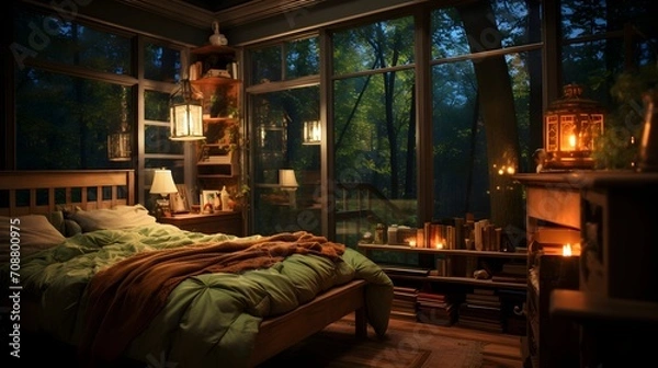 Fototapeta Dawn Serenity: Serene Bedroom Scene with Soft Gradient Dawn Light