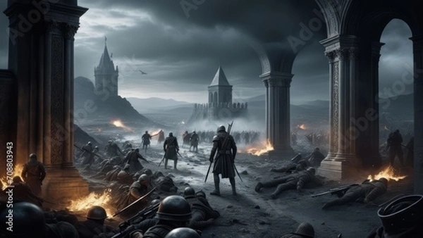 Fototapeta illustration of an epic fantasy battlefield with dark atmosphere