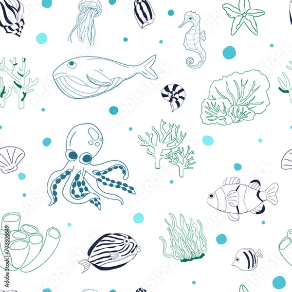 Fototapeta Hand drawn sea animal seamless pattern background.