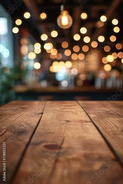 Fototapeta Wooden table blurred background of restaurant of cafe with bokeh