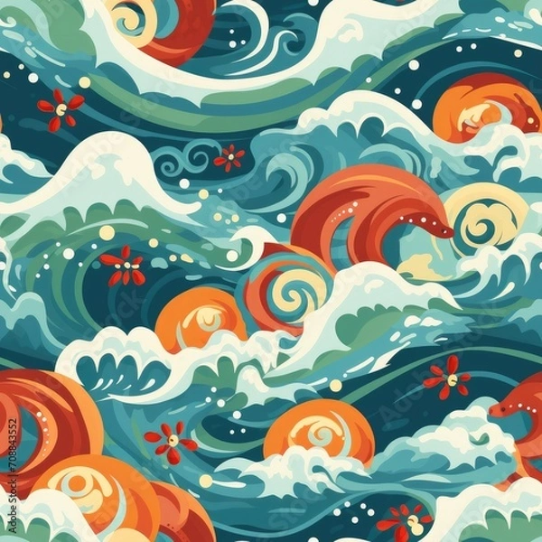 Fototapeta Ocean waves marine creatures seamless pattern