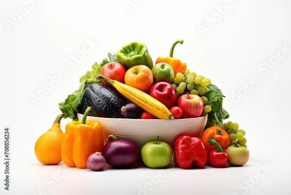 Fototapeta Vegetables and fruits on a white background, fresh and colorful. Copy space