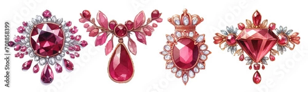 Obraz ルビーのブローチの水彩イラストの素材セット