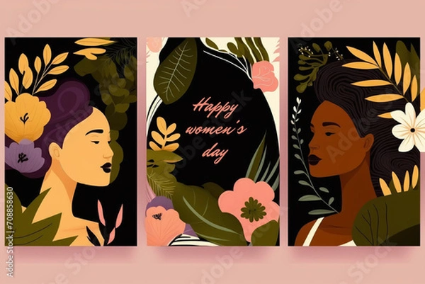 Fototapeta Three cute girls on a white background. Greeting card for International Women's Day