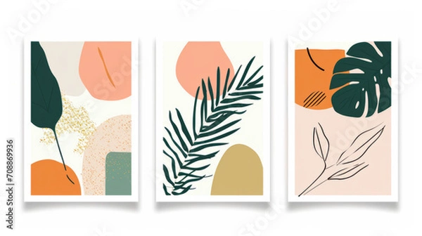 Fototapeta Abstract geometric, natural shapes poster set in mid century style. Modern illustration: tropical palm leaf, geo elements for minimalist print, poster, boho wall decor of art illustration framed set