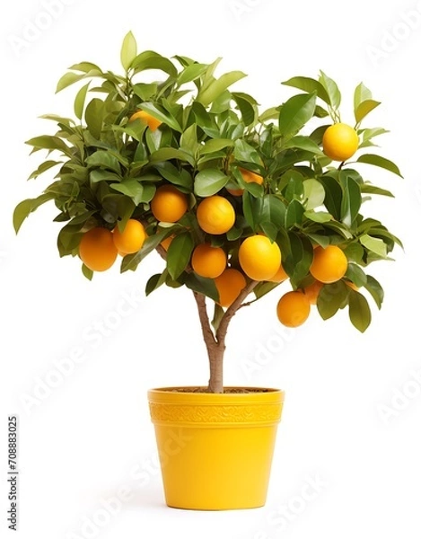 Fototapeta Citrus tree in yellow pot isolated on white background cutout