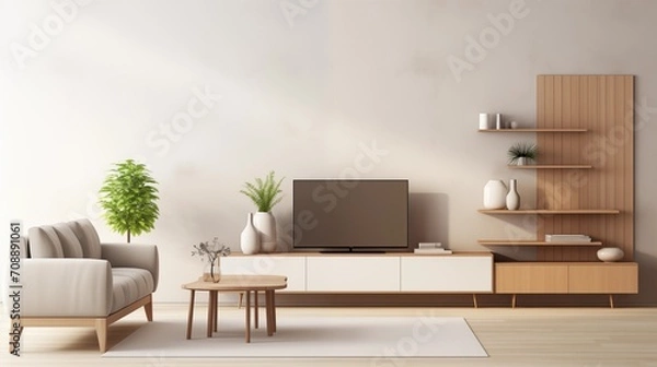 Fototapeta Modern living room with white and natural wood furniture in minimalist design