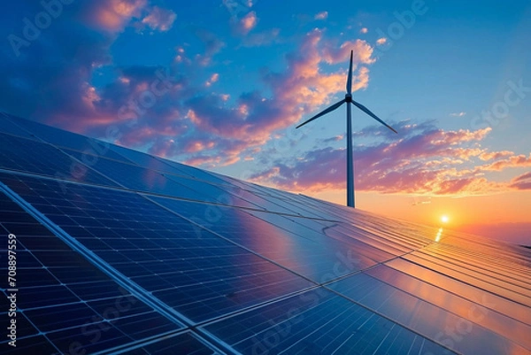 Fototapeta Sunset hues backdrop a serene image—windmill, turbine, and solar panel, an AI-crafted synergy embodying renewable energy's promise in a vast, blue sky canvas.
