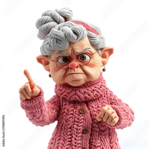 Obraz Cartoon 3d character angry granny in a knitted pink sweater on a white background points her finger up
