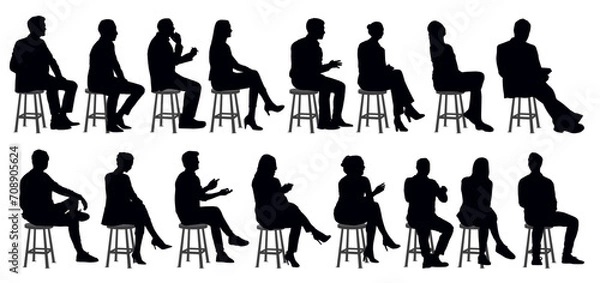 Fototapeta Silhouettes of diverse business people, men and women full length sitting on stool.  Vector illustration isolated on transparent background.