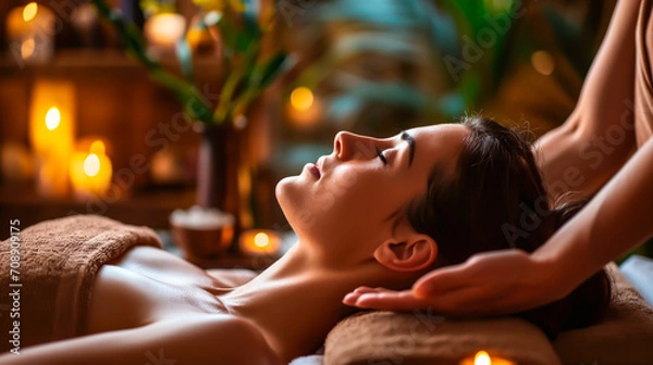 Fototapeta Woman enjoying a relaxing head and neck massage at a serene spa.
