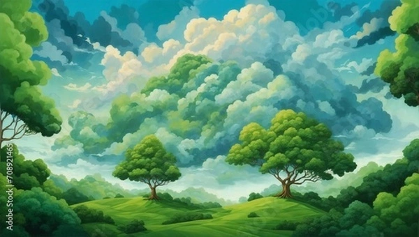 Fototapeta beautiful and epic green forest illustration made by AI generative