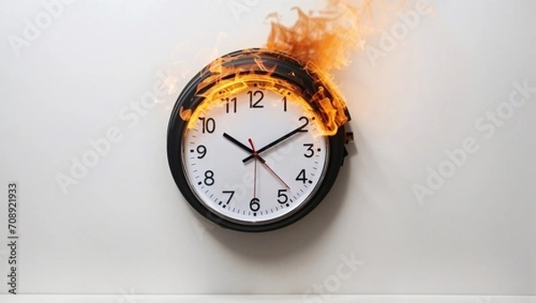 Fototapeta A photo of a burning analog wall clock on a white background depicts time running out made by AI generative