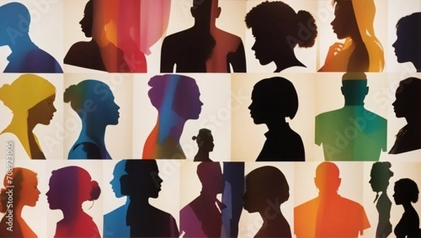 Fototapeta illustration of silhouettes of people with different shapes and colors made by AI generative