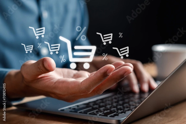 Fototapeta E-commerce and Online Shopping Retail Shop Concept. Man using online internet to buying product or business fast shipping delivery to customer.