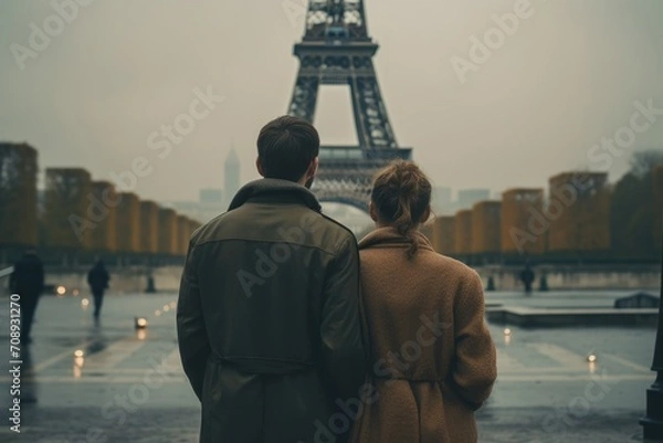 Obraz Rear view of couple looking at the scenery in front of Eiffel Tower, rear view of couple traveling in Paris, faceless couple travel stock photo