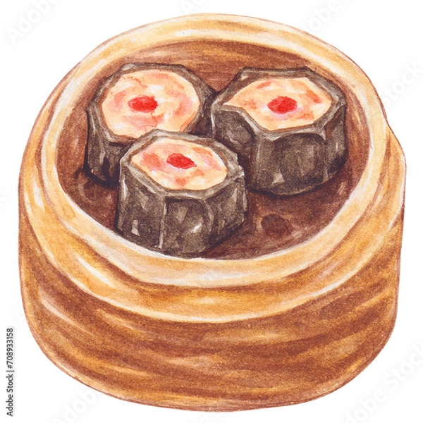 Obraz seaweed wrapped with shrimp, watercolor asian food design