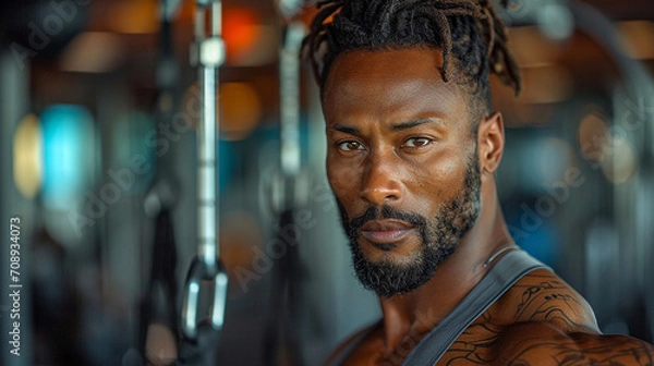 Obraz A suave and athletic man in a gym, displaying both strength and grace as he navigates through an advanced exercise routine, surrounded by sleek equipment and a sophisticated atmosp