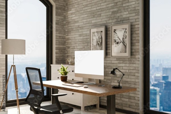 Fototapeta view from angle on modern clean pc workplace; white monitor with copy space; minimalist office background with panoramic view on big city skyline; digital home office concept; 3D rendering