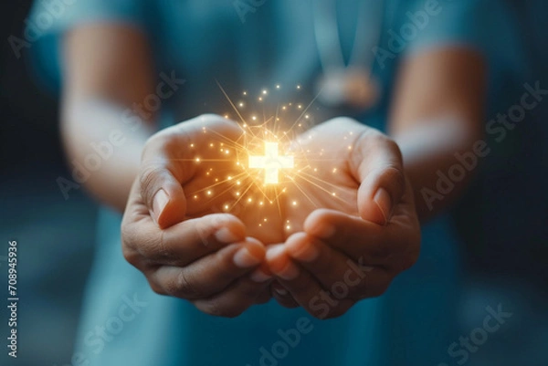 Fototapeta AI image: hands hold plus symbol, healthcare icon. Signifying health insurance, medical welfare, and universal access to healthcare—a fusion of technology, wellness, and inclusivity.