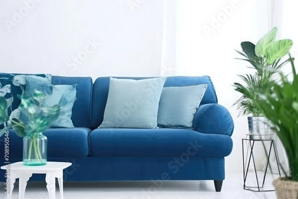 Fototapeta Modern living room with a blue sofa with decorative pillows and plants 