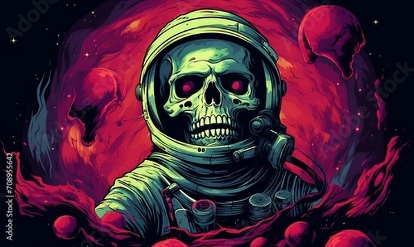 Obraz Skeleton Astronaut, cosmic style cartoon. Generative Ai

