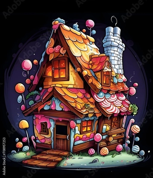 Obraz Halloween night house with candy decoration, jack-o-lanterns. on black background
