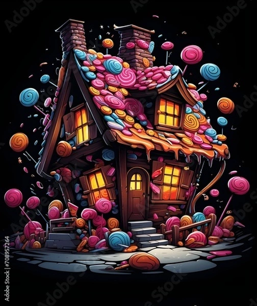 Obraz Halloween night house with candy decoration, jack-o-lanterns. on black background