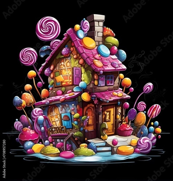 Obraz Halloween night house with candy decoration, jack-o-lanterns. on black background