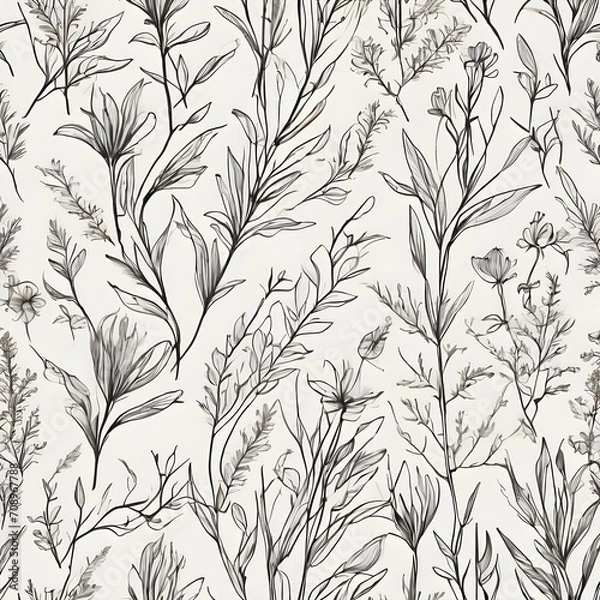 Fototapeta Botanical elements set . Hand drawn botanical contour vector illustration of white line. Set of branches, leaves, twigs, garden grasses in line style for floral patterns, bouquets and compositions