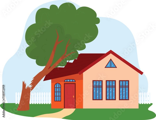 Fototapeta Family house with broken tree branch on roof after storm. Home damaged by fallen tree, insurance concept vector illustration.