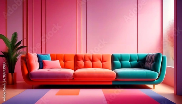 Obraz Vibrant sofa in room with abstract geometric shapes. Postmodern Memphis style interior design of modern living room