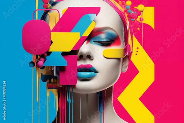 Obraz Abstract masterpiece of a woman's face emerged, brought to vivid life through the artistry of CMYK digital printing and design, showcasing beauty in a tapestry of vibrant hues and captivating forms