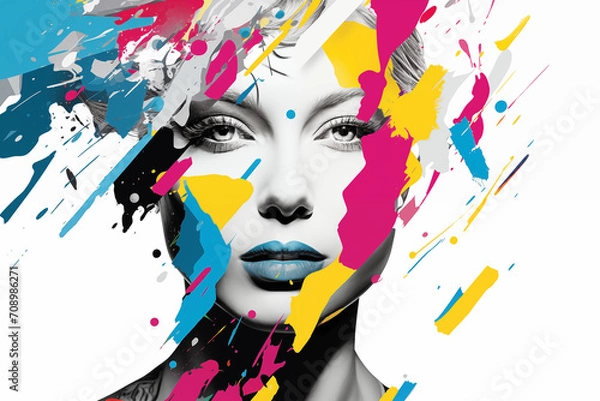 Obraz Abstract masterpiece of a woman's face emerged, brought to vivid life through the artistry of CMYK digital printing and design, showcasing beauty in a tapestry of vibrant hues and captivating forms