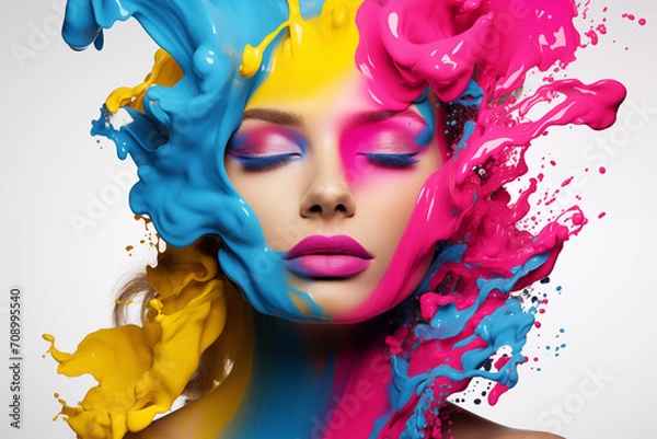 Obraz A vibrant CMYK masterpiece wallpaper or background, a woman's face brought to life through digital design, an abstract tapestry of captivating beauty in vivid hues