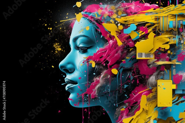 Obraz Abstract masterpiece of a woman's face emerged, brought to vivid life through the artistry of CMYK digital printing and design, showcasing beauty in a tapestry of vibrant hues and captivating forms