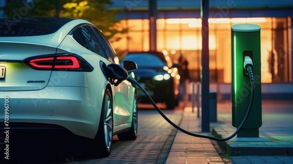 Obraz Charging modern electric car on the street which are the future of the Automobile