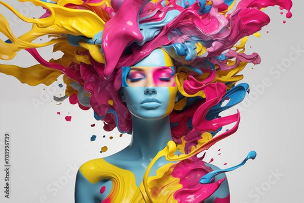 Obraz Abstract masterpiece of a woman's face emerged, brought to vivid life through the artistry of CMYK digital printing and design, showcasing beauty in a tapestry of vibrant hues and captivating forms