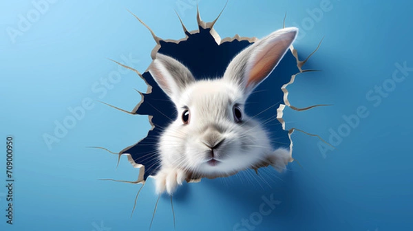 Obraz Bunny peeking out of a hole in blue wall, fluffy eared bunny easter bunny banner, rabbit jump out torn hole