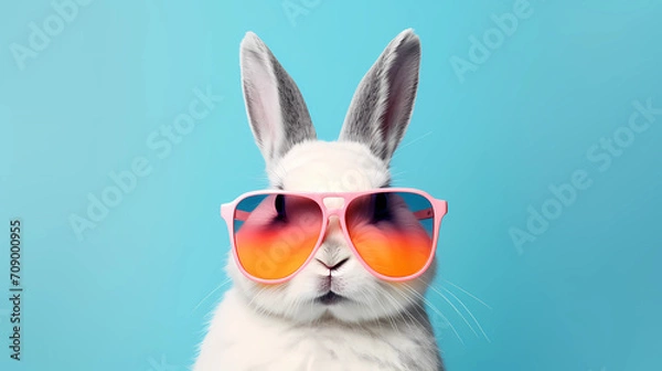 Obraz Abstract clip-art of White Rabbit wearing trendy sunglasses. Contemporary colourful background. Copy space. Summer minimalism. For posters, planners, web, landing page, illustration.