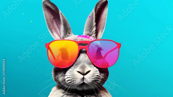 Obraz Cool bunny with sunglasses on colorful background. 